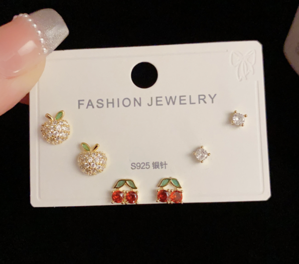 Real Golden Sparkle Cherry & Apple Zircon Stud Set 🍒✨🍏