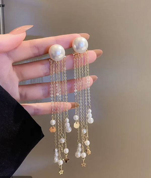 Golden Pearl Tassel Zircon Drop Earrings ✨💛🌿