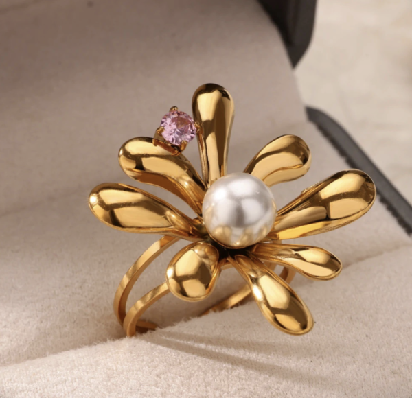 Vintage Bloom Purple Rhinestone Pearl Open Ring 💜✨🌸 - Image 3