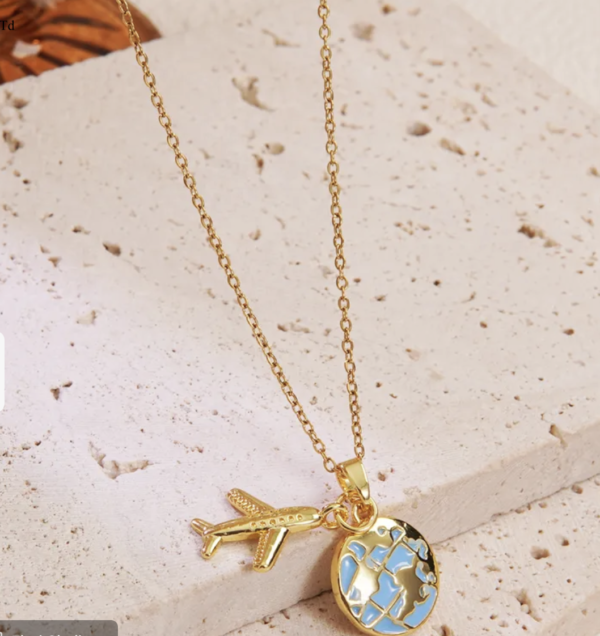 Golden Voyager Airplane & Earth Pendant Necklace 2 ✈️🌍✨ - Image 2