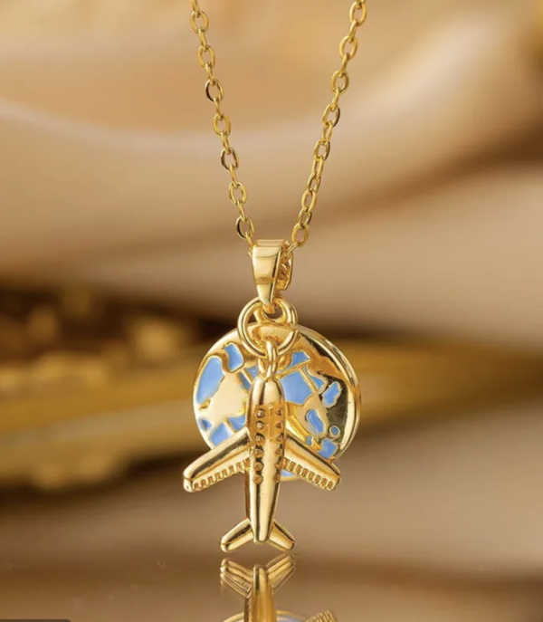 Golden Voyager Airplane & Earth Pendant Necklace 2 ✈️🌍✨