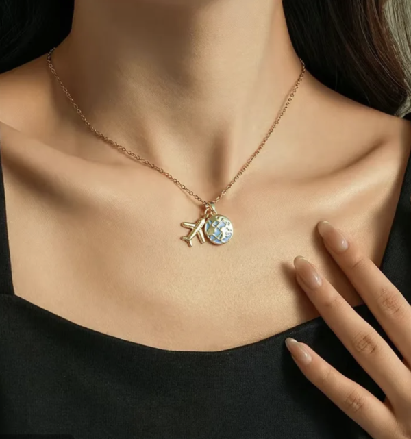 Golden Voyager Airplane & Suitcase Pendant Necklace 1 ✈️🌍✨ - Image 2