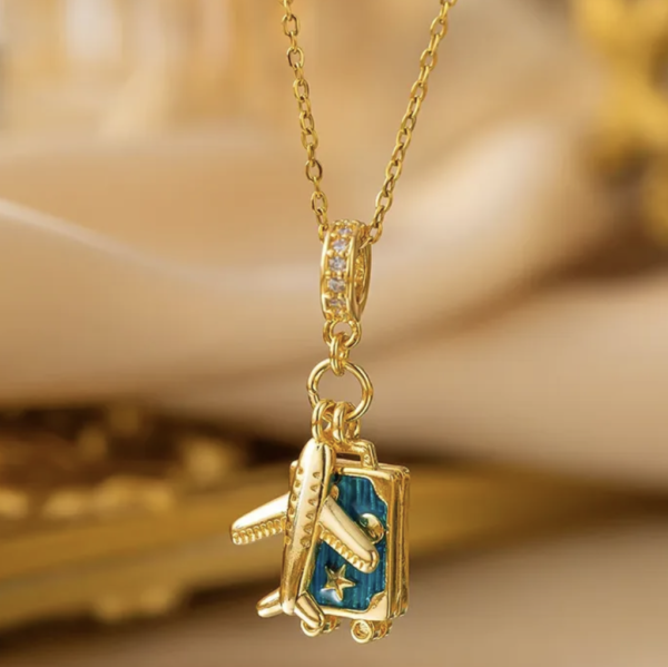 Golden Voyager Airplane & Suitcase Pendant Necklace 1 ✈️🌍✨
